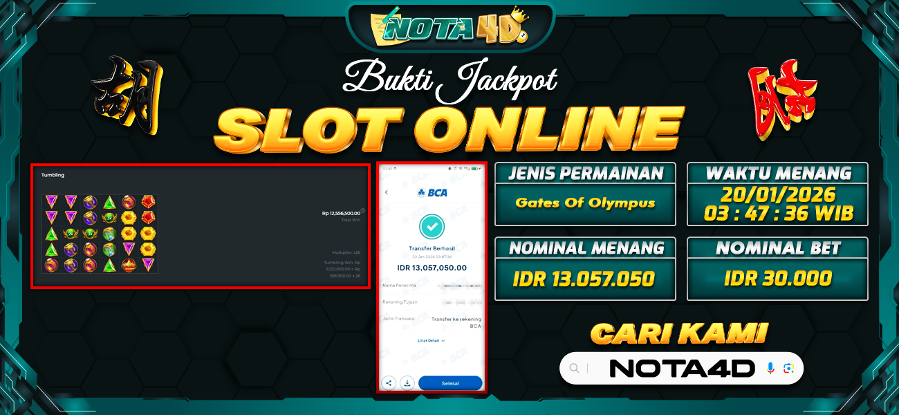Bukti Kemenangan Besar Dibayar lunas Member NOTA4D RP 13.057.050, 20 Januari 2026